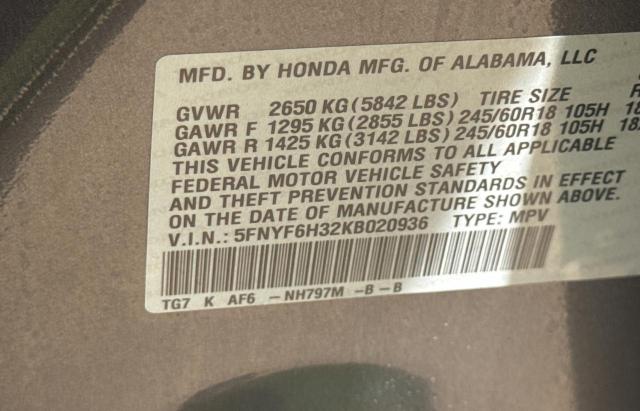 5FNYF6H32KB020936 - 2019 HONDA PILOT EX 灰色 照片 10