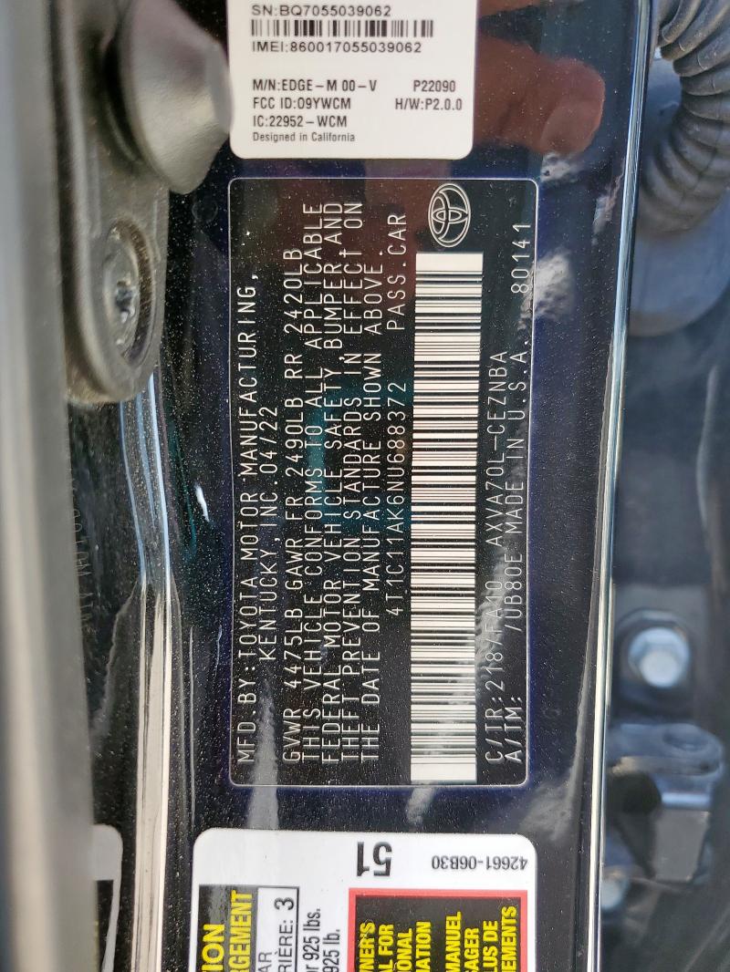 4T1C11AK6NU688372 - 2022 TOYOTA CAMRY LE BLACK photo 12