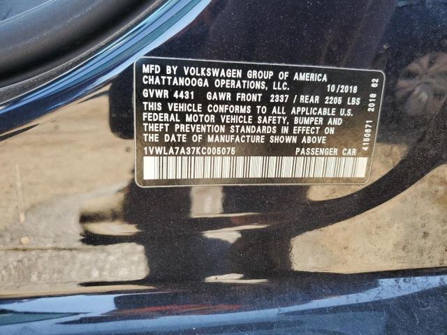 1VWLA7A37KC005075 - 2019 VOLKSWAGEN PASSAT WOLFSBURG BLACK photo 12