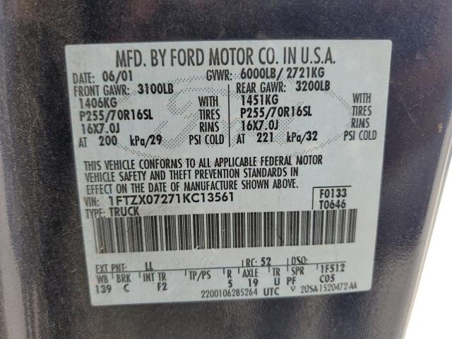 1FTZX07271KC13561 - 2001 FORD F150 BLUE photo 12