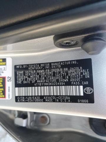 4T1B11HK0KU254994 - 2019 TOYOTA CAMRY L 银色 照片 13