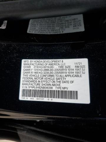 5FNRL6H82NB046398 - 2022 HONDA ODYSSEY TOURING BLACK photo 12