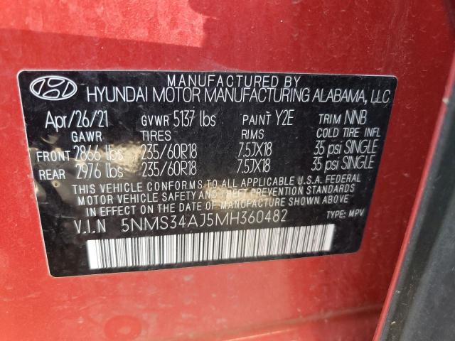 5NMS34AJ5MH360482 - 2021 HYUNDAI SANTA FE SEL RED photo 12