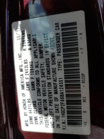 1HGCP2F86BA128551 - 2011 HONDA ACCORD EXL 栗色 照片 12