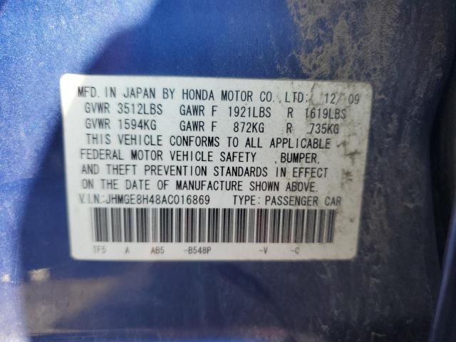 JHMGE8H48AC016869 - 2010 HONDA FIT SPORT ლურჯი ფოტო 13