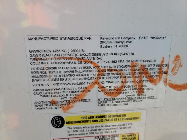 4YDT32526JB452886 - 2018 KEYSTONE OUTBACK WHITE photo 10