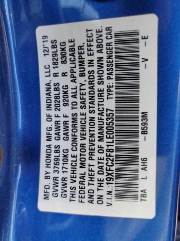 19XFC2F81LE005357 - 2020 HONDA CIVIC SPORT Mavi foto 13