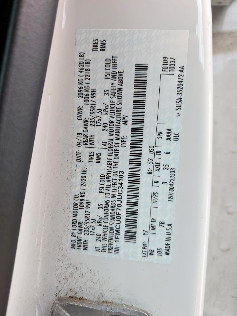 1FMCU0F70JUC34103 - 2018 FORD ESCAPE S Ақ фото 13