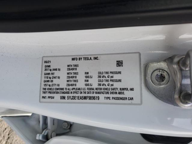 5YJ3E1EA5MF989619 - 2021 TESLA MODEL 3 WHITE photo 12