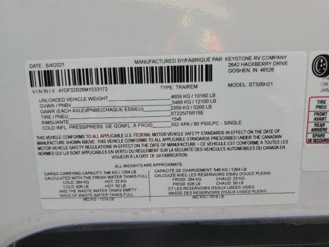 4YDF32B26M1533172 - 2021 KEYSTONE SPRINTER WHITE photo 10