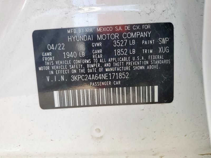 3KPC24A64NE171852 - 2022 HYUNDAI ACCENT SE WHITE photo 13