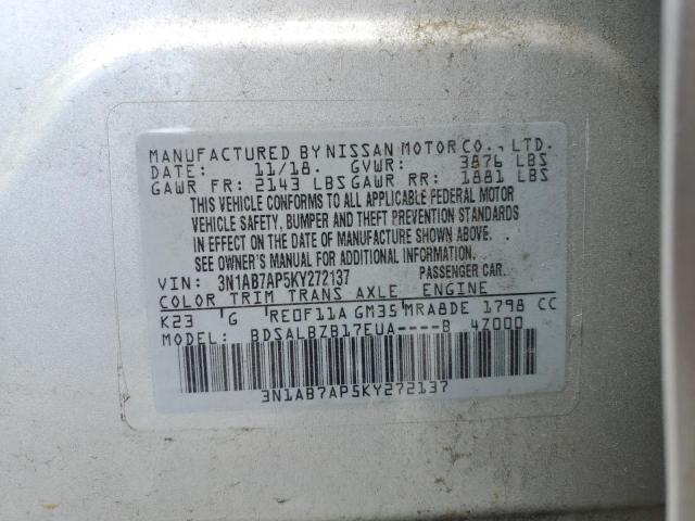 3N1AB7AP5KY272137 - 2019 NISSAN SENTRA S SILVER photo 12