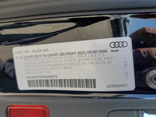 WAUB4CF50KA098572 - 2019 AUDI S5 PREMIUM PLUS Սև լուսանկար 12