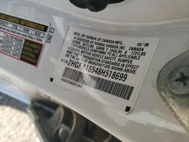 2HGFA16548H518699 - 2008 HONDA CIVIC LX WHITE photo 12