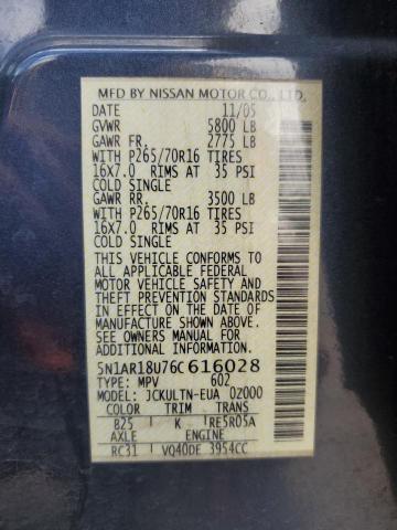 5N1AR18U76C616028 - 2006 NISSAN PATHFINDER LE 蓝色 照片 13