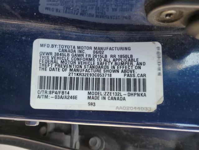 2T1KR32E93C053718 - 2003 TOYOTA COROLLA MA XR BLUE photo 13