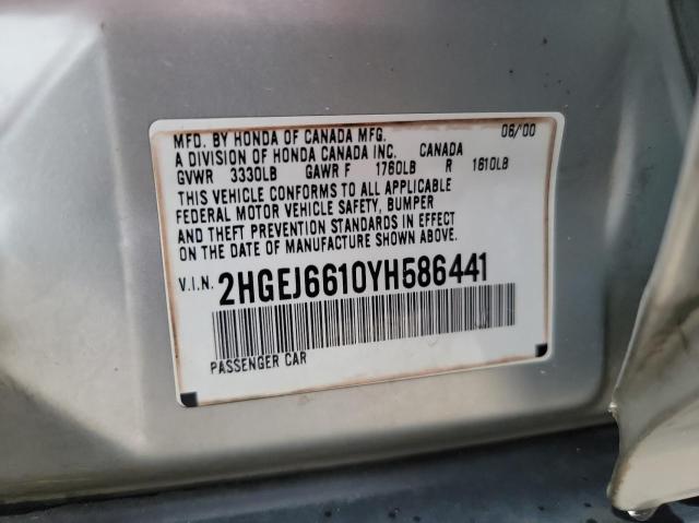 2HGEJ6610YH586441 - 2000 HONDA CIVIC BASE SILVER photo 10