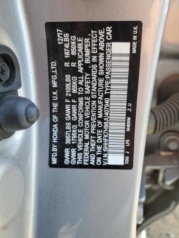 SHHFK7H98JU407940 - 2018 HONDA CIVIC SPORT TOURING SILVER photo 12