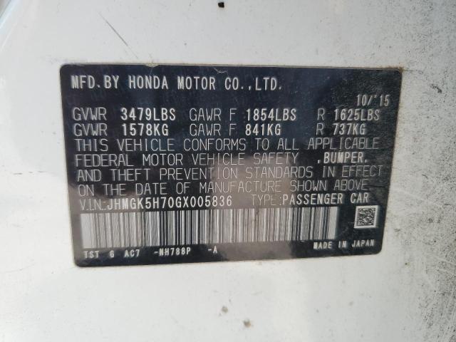 JHMGK5H70GX005836 - 2016 HONDA FIT EX WHITE photo 13
