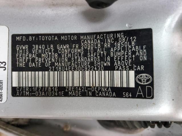 2T1BU4EE3DC922430 - 2013 TOYOTA COROLLA BASE Plata foto 12