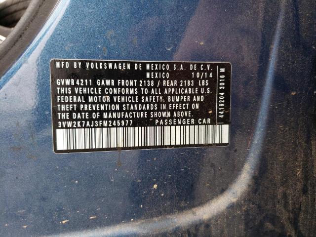 3VW2K7AJ3FM245977 - 2015 VOLKSWAGEN JETTA BASE Mavi foto 10