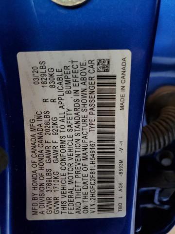 2HGFC2F81LH549167 - 2020 HONDA CIVIC SPORT 蓝色 照片 12