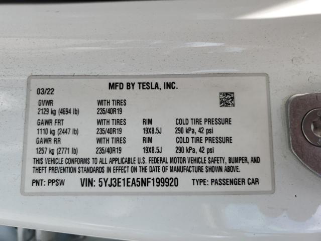 5YJ3E1EA5NF199920 - 2022 TESLA MODEL 3 WHITE photo 13