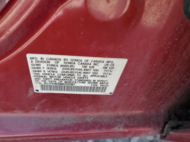 2HJYK16596H512197 - 2006 HONDA RIDGELINE RTL RED photo 12