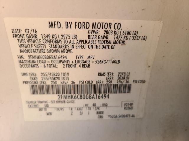 2FMHK6C80GBA16494 - 2016 FORD FLEX SEL WHITE photo 10