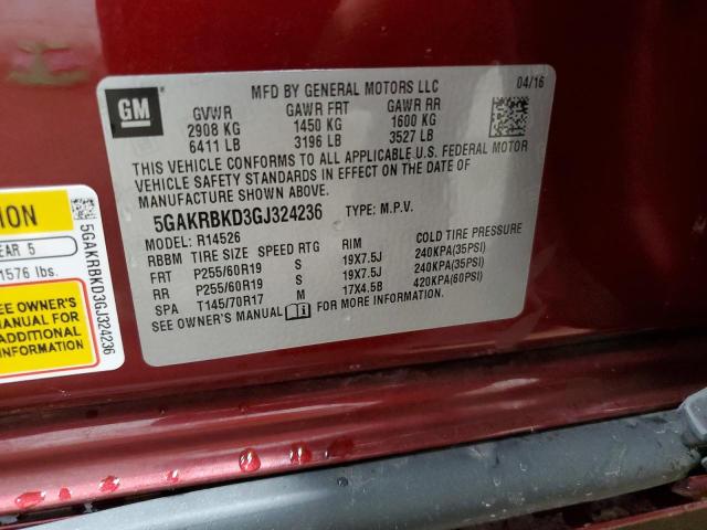 5GAKRBKD3GJ324236 - 2016 BUICK ENCLAVE RED photo 13