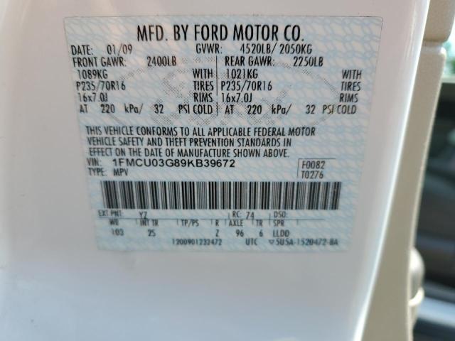 1FMCU03G89KB39672 - 2009 FORD ESCAPE XLT WHITE photo 12