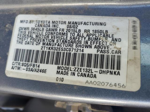 2T1KR32E53C071214 - 2003 TOYOTA COROLLA MA XR BLUE photo 12