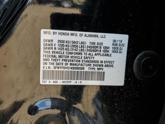 5FNYF6H51KB090509 - 2019 HONDA PILOT EXL BLACK photo 13