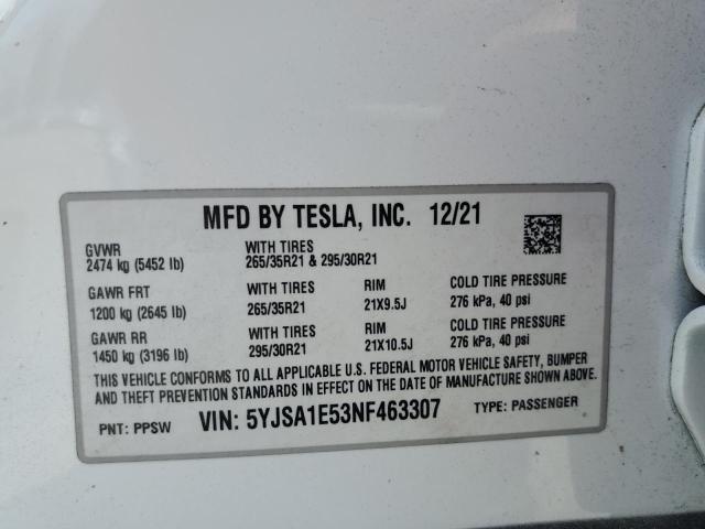 5YJSA1E53NF463307 - 2022 TESLA MODEL S WHITE photo 13