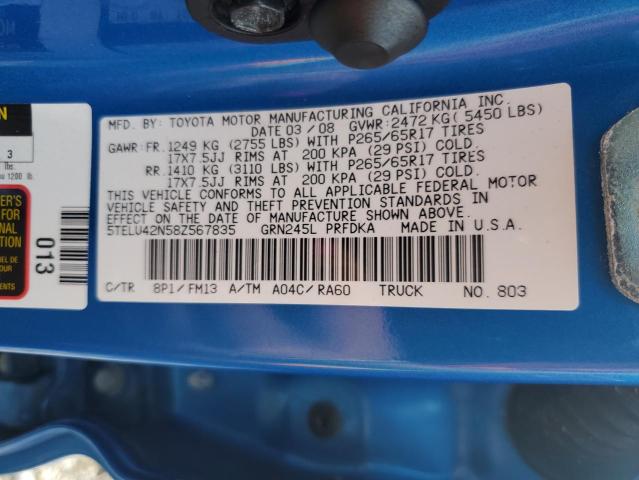 5TELU42N58Z567835 - 2008 TOYOTA TACOMA DOUBLE CAB 蓝色 照片 12