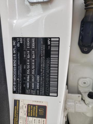 4JGDA5HB3CA079305 - 2012 MERCEDES-BENZ ML 350 4MATIC WHITE photo 12