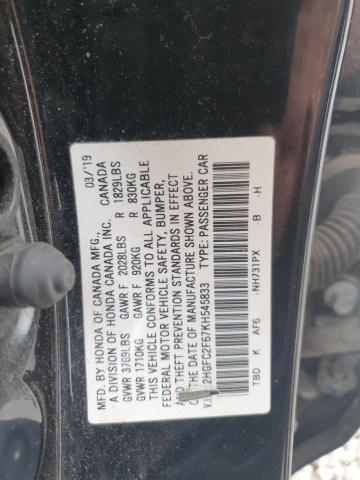 2HGFC2F67KH545833 - 2019 HONDA CIVIC LX შავი ფოტო 12