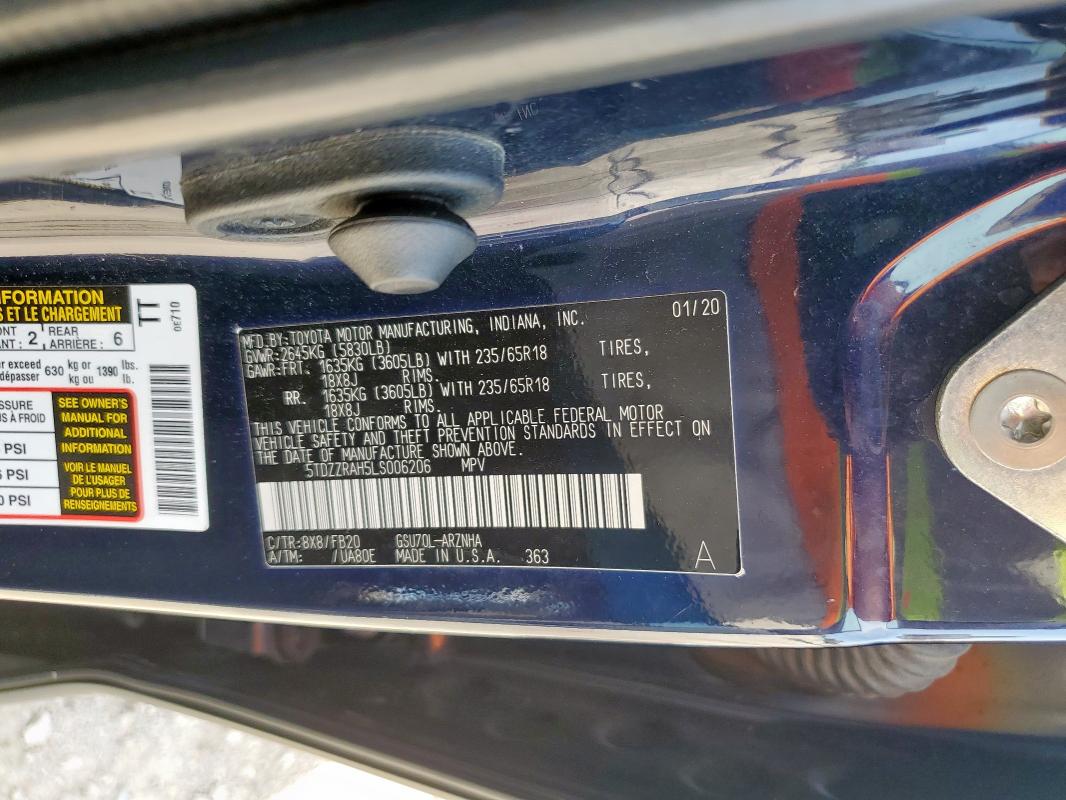 5TDZZRAH5LS006206 - 2020 TOYOTA HIGHLANDER L BLUE photo 14