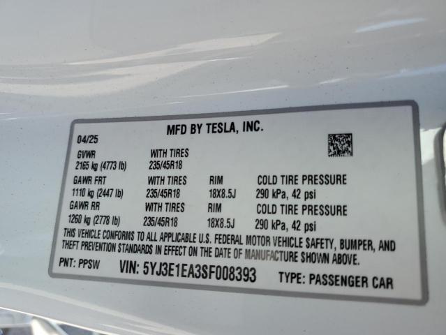 5YJ3E1EA3SF008393 - 2025 TESLA MODEL 3 WHITE photo 12