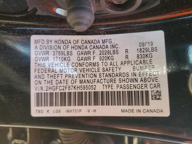 2HGFC2F87KH595052 - 2019 HONDA CIVIC SPORT BLACK photo 12