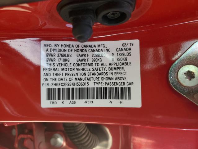 2HGFC2F83KH536015 - 2019 HONDA CIVIC SPORT წითელი ფოტო 12