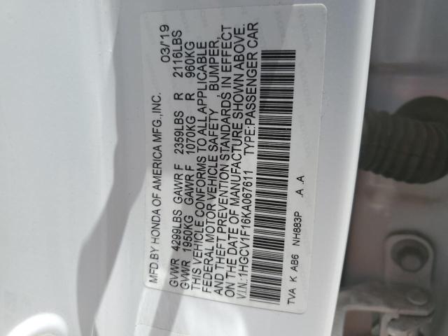 1HGCV1F16KA067611 - 2019 HONDA ACCORD LX WHITE photo 12