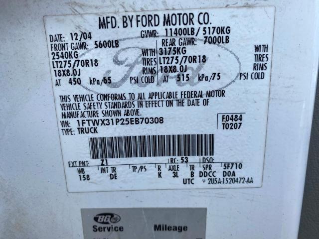 1FTWX31P25EB70308 - 2005 FORD F350 SRW SUPER DUTY WHITE photo 10