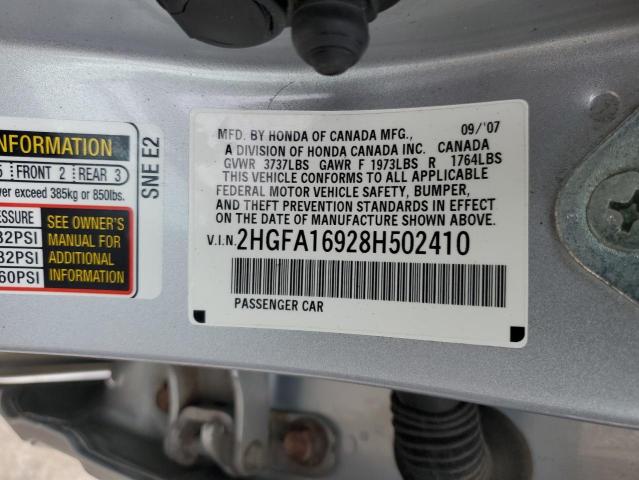 2HGFA16928H502410 - 2008 HONDA CIVIC EXL 银色 照片 12