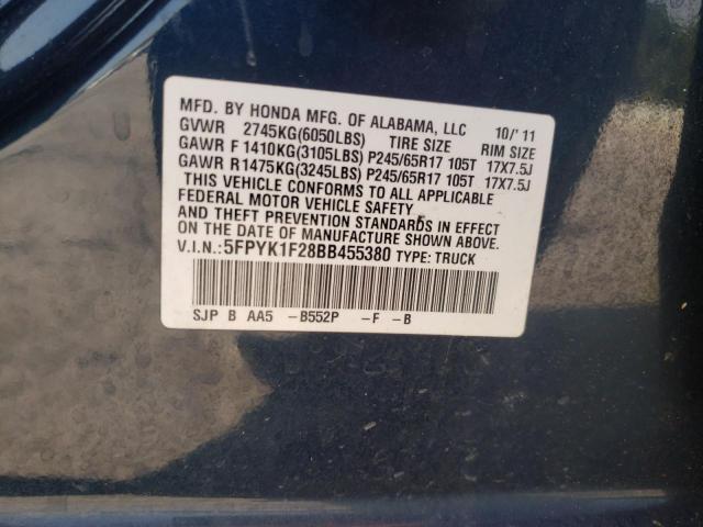 5FPYK1F28BB455380 - 2011 HONDA RIDGELINE RT BLUE photo 12