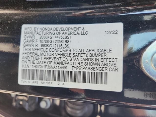 1HGCV1F36NA113699 - 2022 HONDA ACCORD SPORT 黑色 照片 12