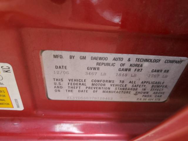 KL1TD56637B129463 - 2007 CHEVROLET AVEO BASE RED photo 12