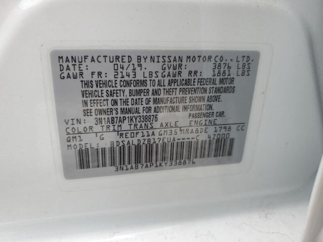 3N1AB7AP1KY338876 - 2019 NISSAN SENTRA S WHITE photo 12