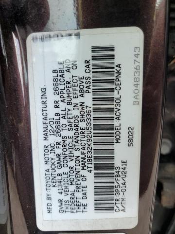 4T1BE32K92U533367 - 2002 TOYOTA CAMRY LE BURGUNDY photo 12