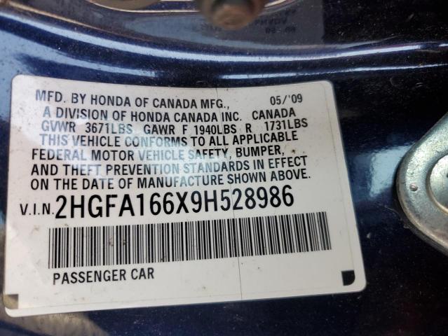 2HGFA166X9H528986 - 2009 HONDA CIVIC LX-S 蓝色 照片 12